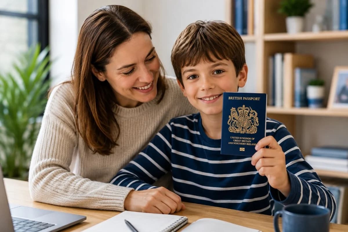 Mother helping her child after receiving a new UK passport.